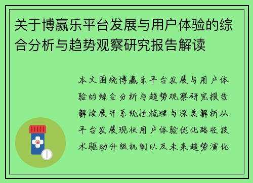 关于博赢乐平台发展与用户体验的综合分析与趋势观察研究报告解读